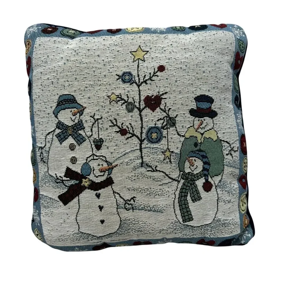 Vintage Needlepoint Snowman Christmas Holiday Pillow Accent Blue White 90s